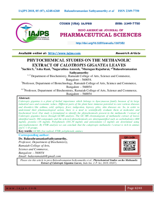 (PDF) PHYTOCHEMICAL STUDIES ON THE METHANOLIC EXTRACT OF CALOTROPIS ...