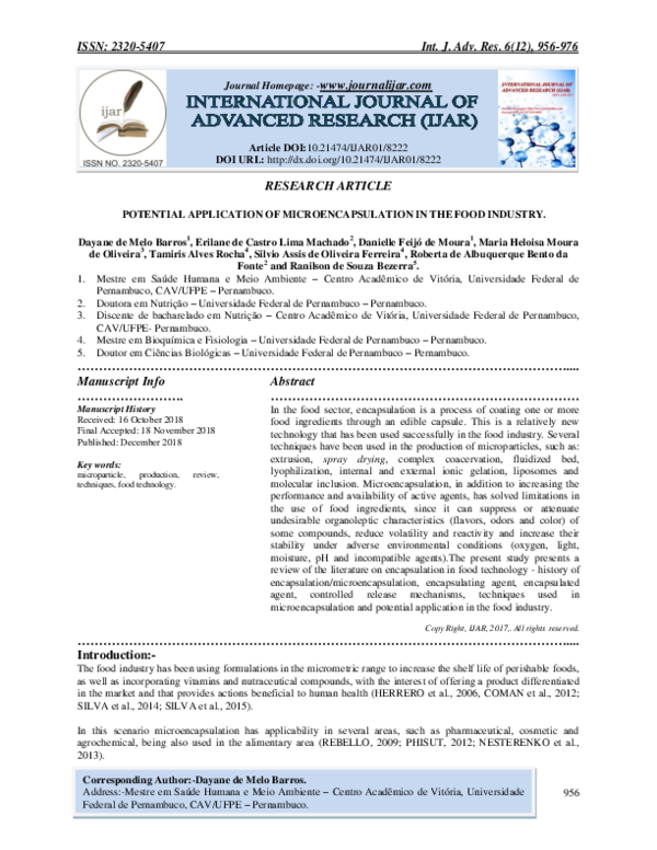 (PDF) POTENTIAL APPLICATION OF MICROENCAPSULATION IN THE FOOD INDUSTRY.