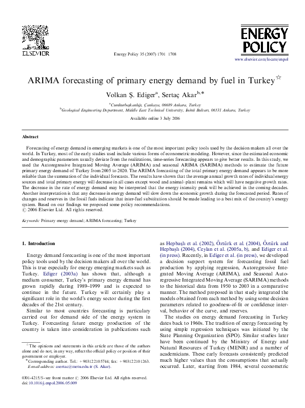 (PDF) ARIMA forecasting of primary energy demand by fuel in Turkey