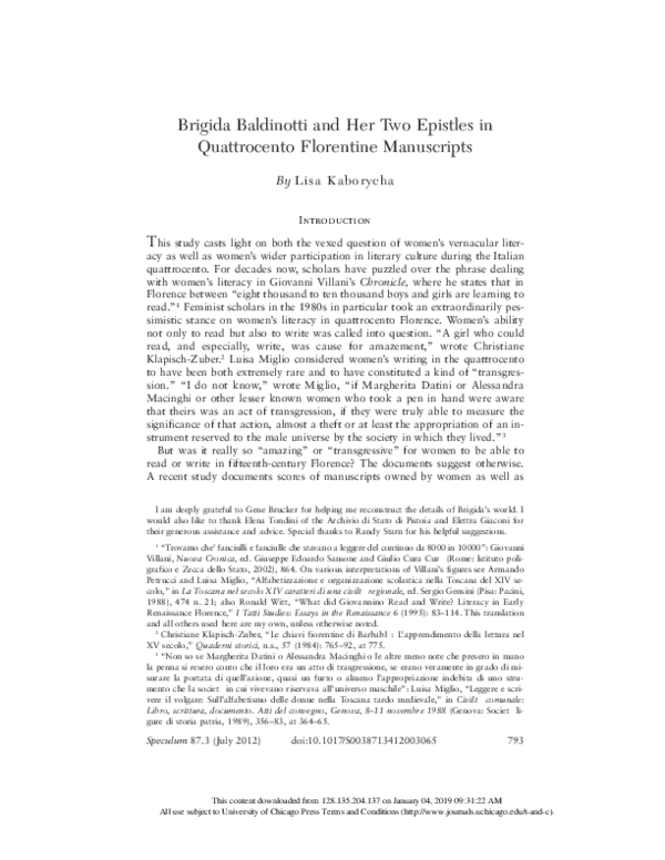 "Brigida Baldinotti and Her Two Epistles in Quattrocento Florentine Manuscripts"