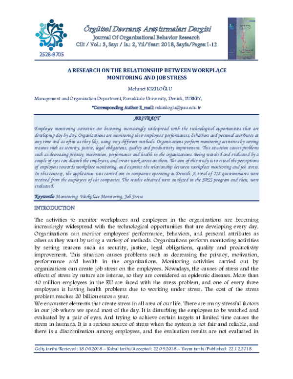 (PDF) A RESEARCH ON THE RELATIONSHIP BETWEEN WORKPLACE MONITORING AND ...