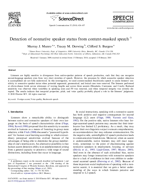(PDF) Detection of nonnative speaker status from content-masked speech