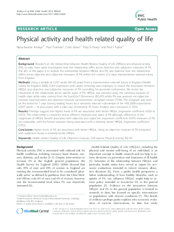 (PDF) Physical activity and health related quality of life