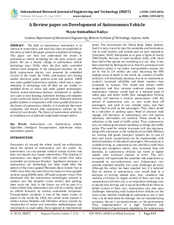 (PDF) IRJETA Review Paper on Development of Autonomous Vehicle IRJET