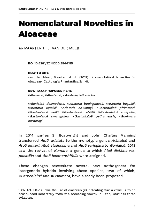 (PDF) Nomenclatural Novelties In Aloaceae
