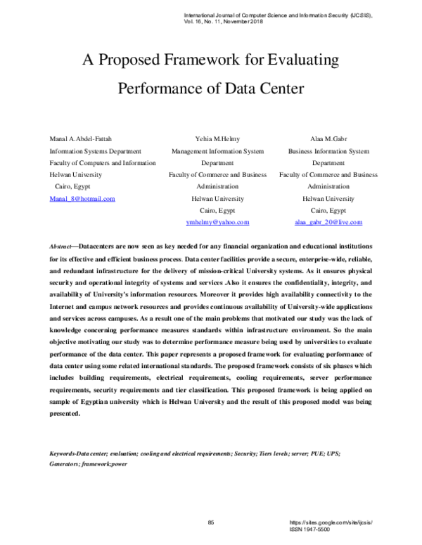 (PDF) A Proposed Framework for Evaluating Performance of Data Center
