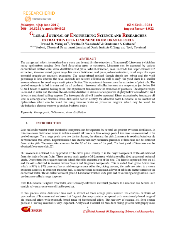 (DOC) EXTRACTION OF D LIMONENE FROM ORANGE PE (1) omi singh