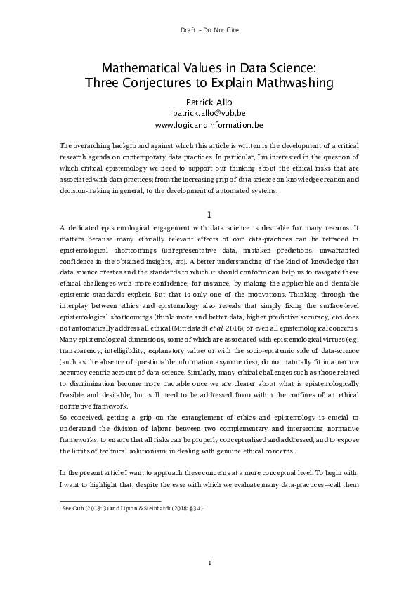 (PDF) Mathematical Values in Data Science: Three Conjectures to Explain ...