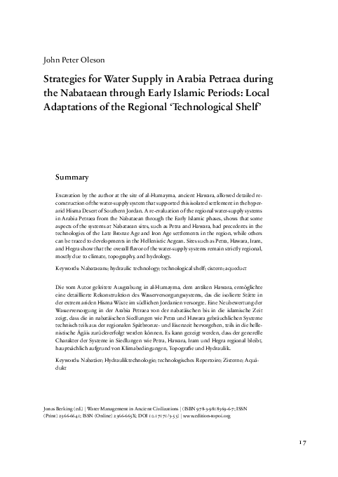 “Strategies for Water Supply in Arabia Petraea during the Nabataean through Early Islamic Periods: Local Adaptations of the Regional ‘Technological Shelf’.”