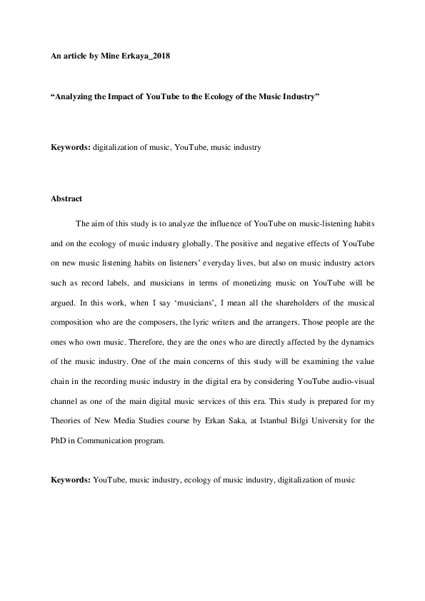 Doc Analyzing The Impact Of Youtube To The Ecology Of The Music Industry Mine Erkaya Academia Edu