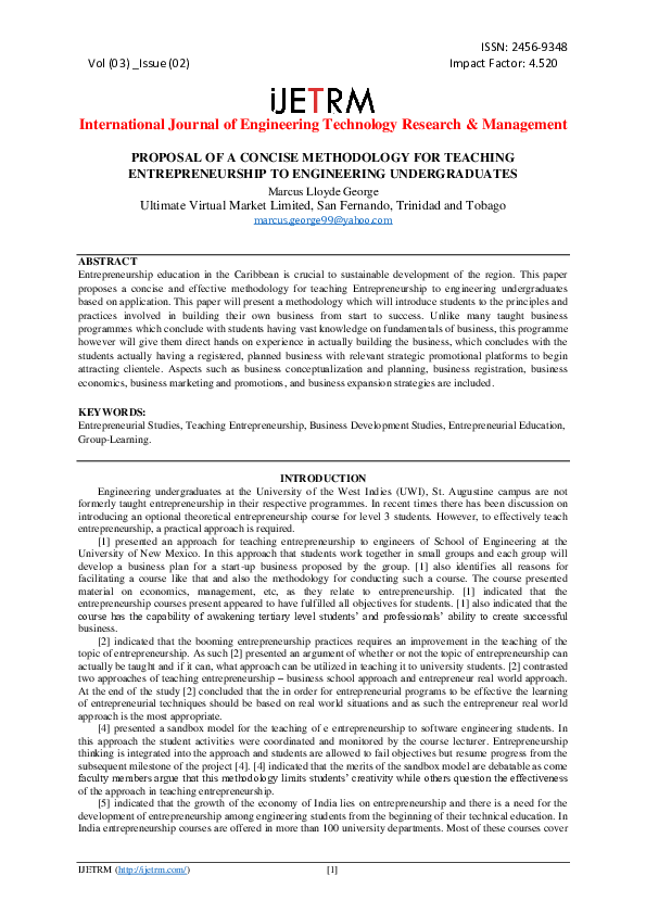 (PDF) PROPOSAL OF A CONCISE METHODOLOGY FOR TEACHING ENTREPRENEURSHIP ...