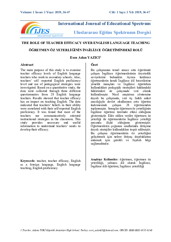(PDF) THE ROLE OF TEACHER EFFICACY OVER ENGLISH LANGUAGE TEACHING