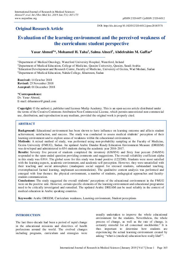 (PDF) Evaluation of the learning environment and the perceived weakness ...