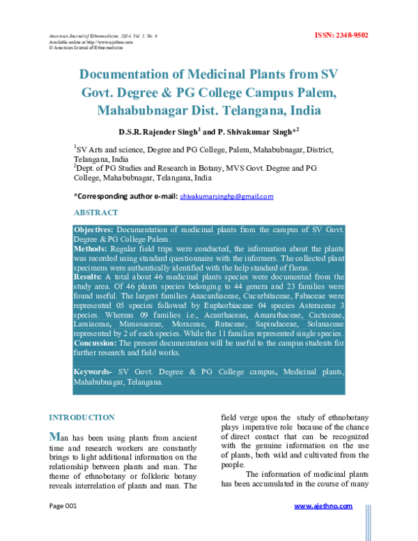 (PDF) Documentation of Medicinal Plants from SV Govt. Degree & PG