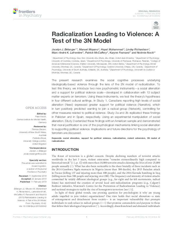 (PDF) Radicalization Leading to Violence: A Test of the 3N Model