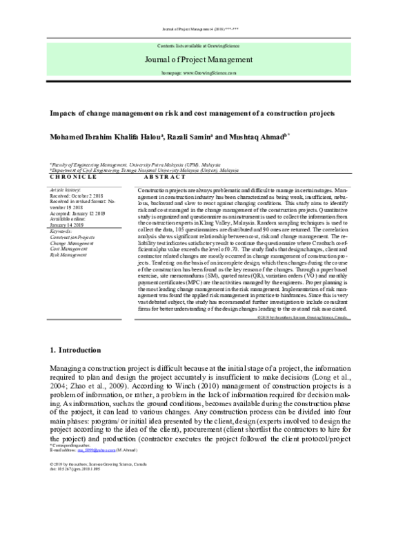 (PDF) Impacts of change management on risk and cost management of a ...