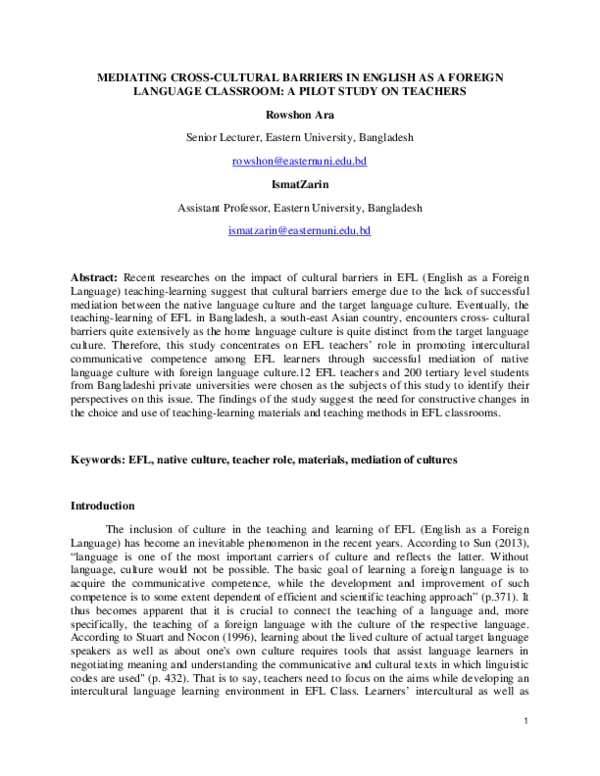(PDF) MEDIATING CROSS-CULTURAL BARRIERS IN ENGLISH AS A FOREIGN ...