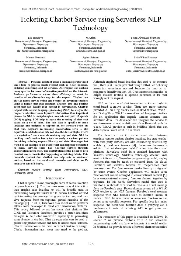 (PDF) Ticketing Chatbot Service using Serverless NLP Technology