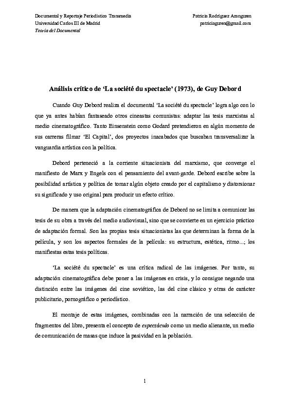 (PDF) Análisis crítico de 'La société du spectacle' (1973), de Guy Debord Patricia Rodriguez (PDF) Análisis crítico de 'La société du spectacle' (1973), de Guy Debord Patricia Rodriguez