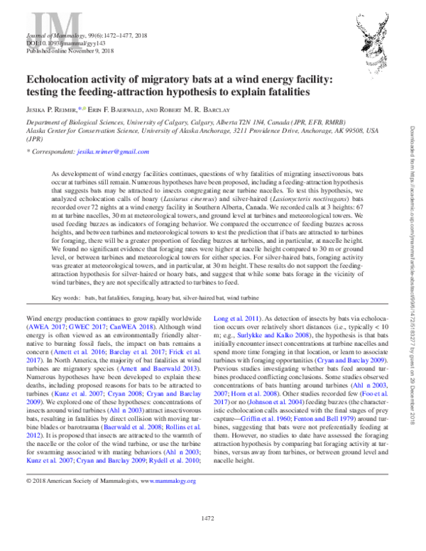 (PDF) Echolocation activity of migratory bats at a wind energy facility ...