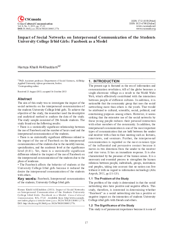 (PDF) Impact of Social Networks on Intrapersonal communication of the ...