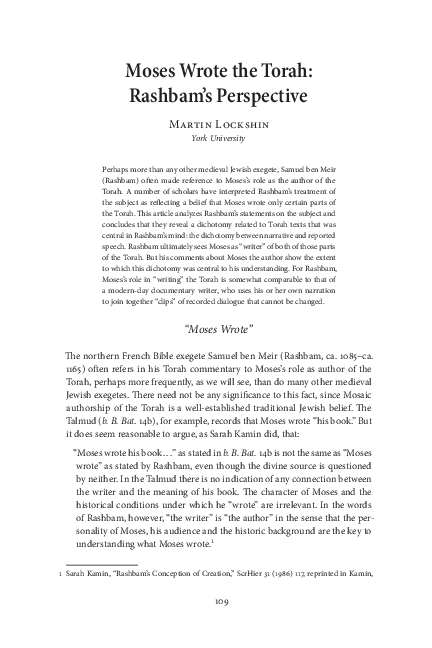 (PDF) Martin I. Lockshin, “Moses Wrote the Torah: Rashbam’s Perspective ...