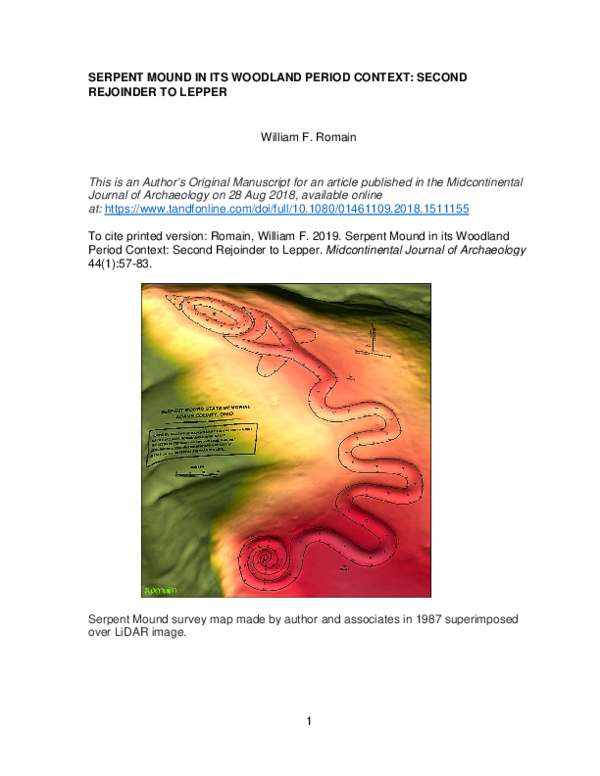Pdf Serpent Mound In Its Woodland Period Context Second Rejoinder To Lepper William F Romain Academia Edu
