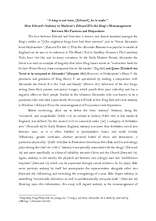 “A king is not born, [Edward], he is made.” How Edward’s Sodomy in Marlowe’s Edward II Is the King’s Mismanagement Between His Passions and Dispassions