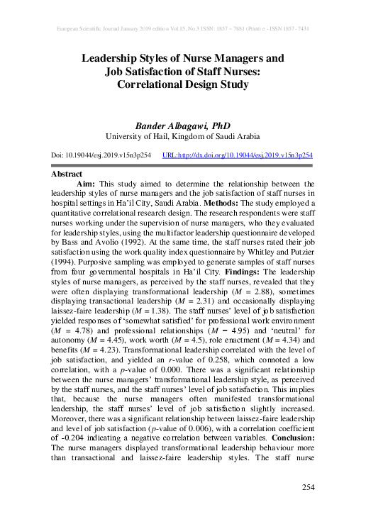 (PDF) Leadership Styles of Nurse Managers and Job Satisfaction of Staff ...