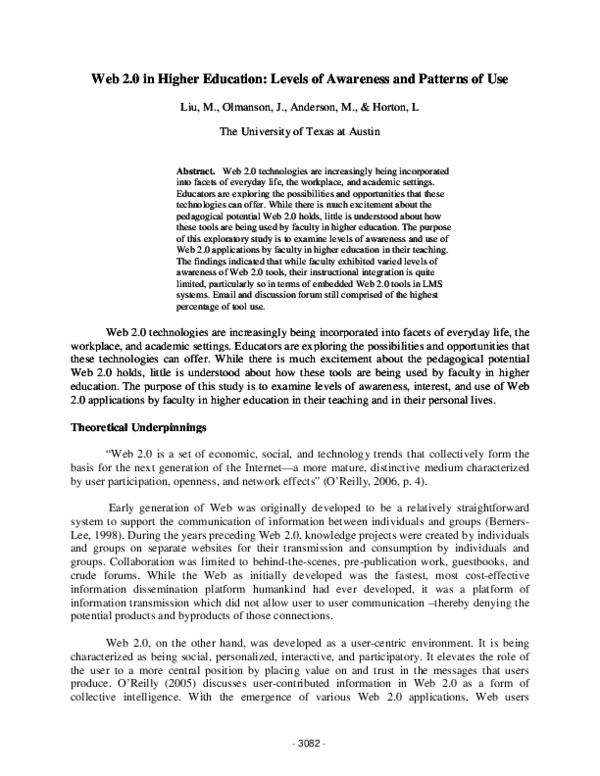 (PDF) Web 2.0 in Higher Education: Levels of Awareness and Patterns of Use