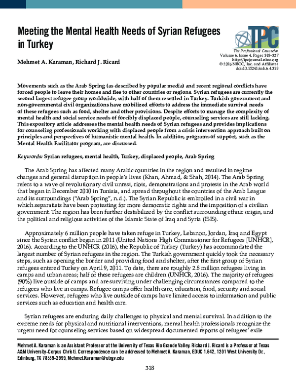 (PDF) Meeting the Mental Health Needs of Syrian Refugees in Turkey