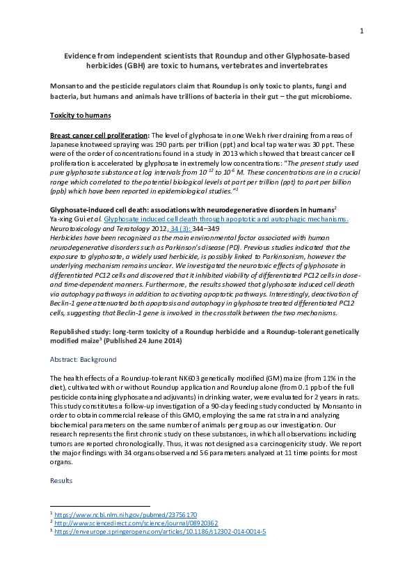 (PDF) Evidence from independent scientists that Roundup is toxic to