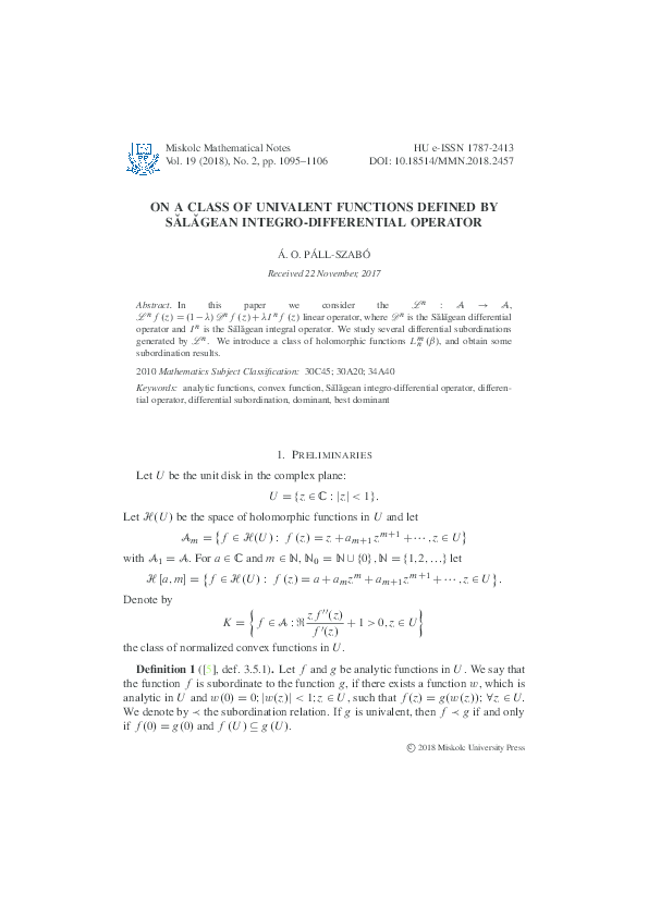 Pdf On A Class Of Univalent Functions Defined By Salagean Integro Differential Operator Pall Szabo Agnes Orsolya Academia Edu