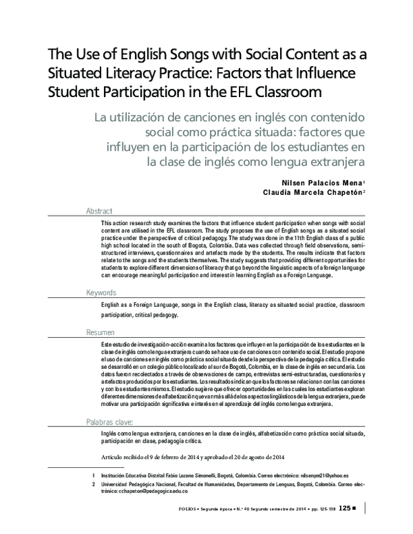 (PDF) The Use of English Songs with Social Content as a Situated ...