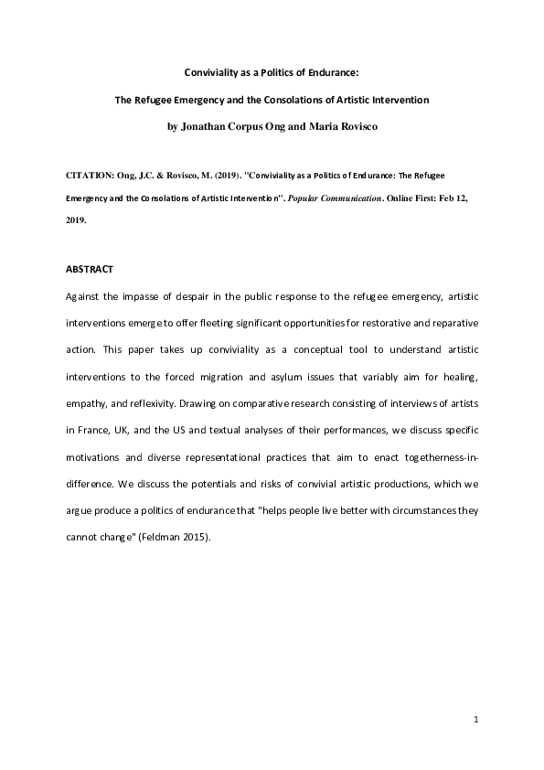 Doc Conviviality As A Politics Of Endurance The Refugee Emergency And The Consolations Of Artistic Intervention Jonathan Corpus Ong Academia Edu