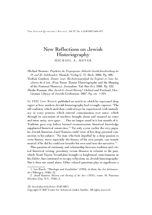 Michael A. Meyer, “New Reflections on Jewish Historiography,” Jewish Quarterly Review, vol. 97, no. 4 (Fall 2007): 660-672