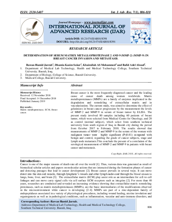 (PDF) DETERMINATION OF SERUM MATRIX METALLOPROTEINASE 2 AND 9 (MMP-2 ...