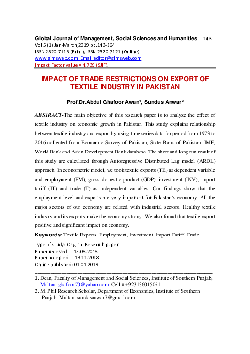 (PDF) IMPACT OF TRADE RESTRICTIONS ON EXPORT OF TEXTILE INDUSTRY IN ...