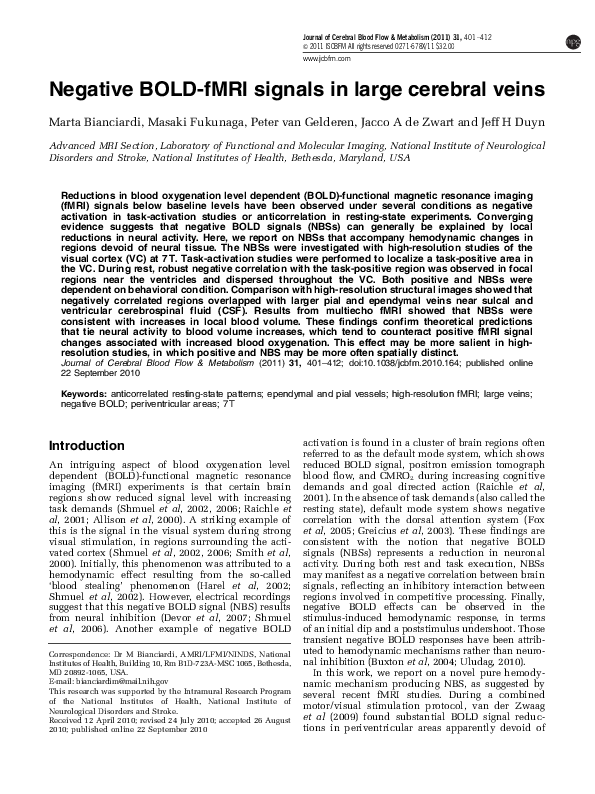 Pdf Negative Bold Fmri Signals In Large Cerebral Veins