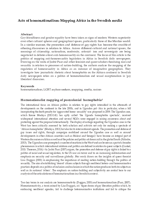 (PDF) Acts of homonationalism: Mapping Africa in the Swedish Media