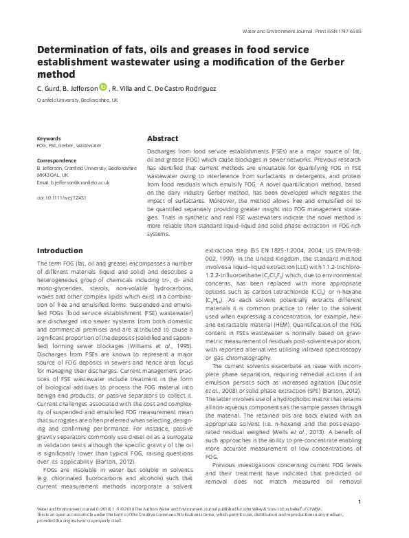 (PDF) Determination of fats, oils and greases in food service ...
