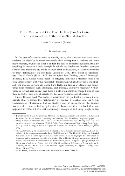 (PDF) Three Masters and One Disciple Ibn Tumlus s Critical