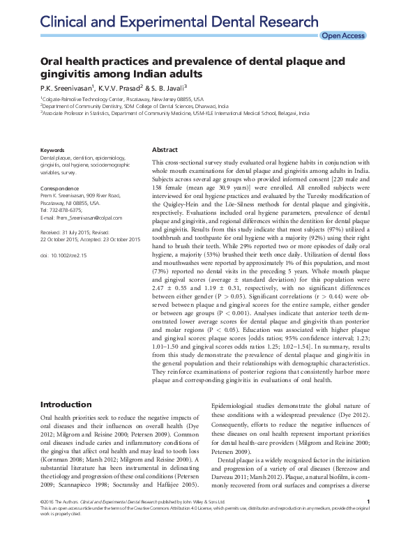 (PDF) Oral health practices and prevalence of dental plaque and ...