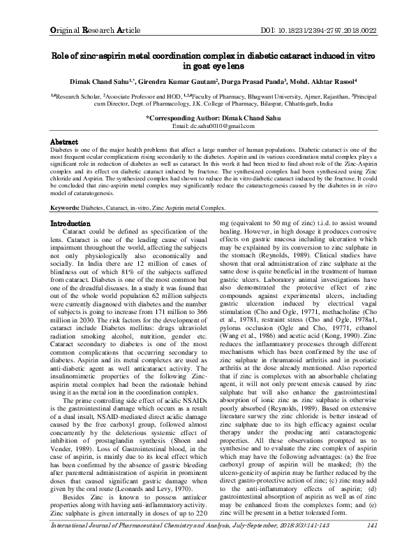 (PDF) Role of zincaspirin metal coordination complex in diabetic