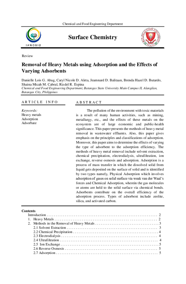(PDF) Removal of Heavy Metals using Adsorption and the Effects of ...