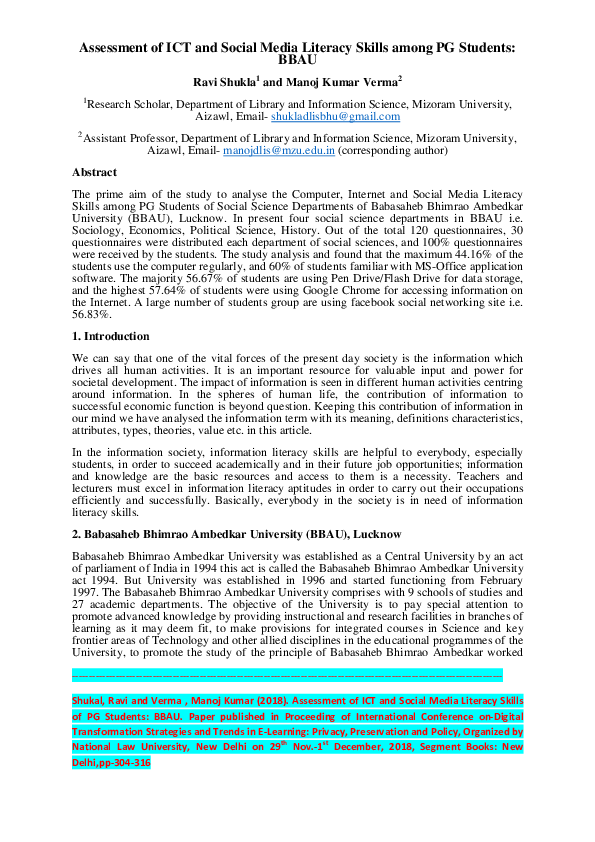 (PDF) Assessment of ICT and Social Media Literacy Skills among PG ...