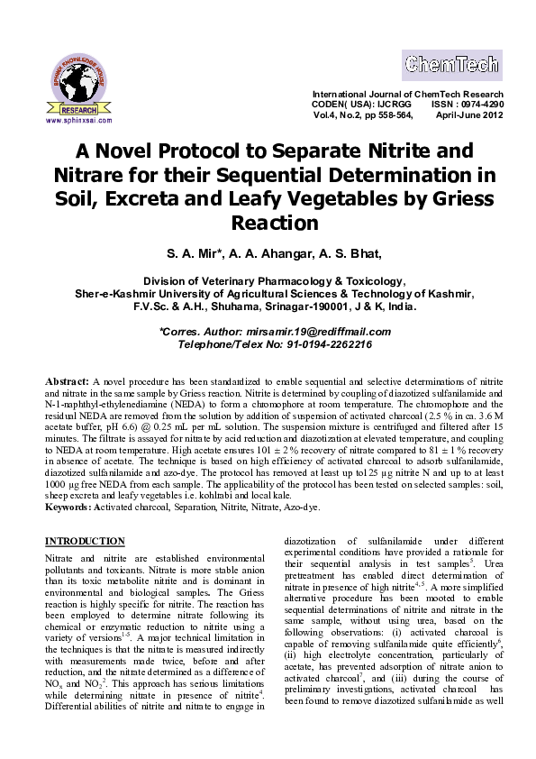 (PDF) A Novel Protocol to Separate Nitrite and Nitrate for their ...