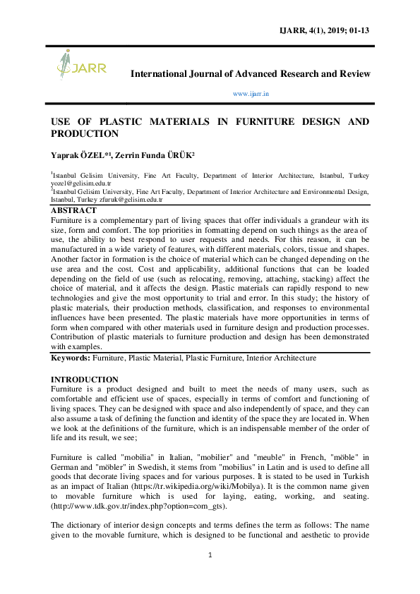 (PDF) USE OF PLASTIC MATERIALS IN FURNITURE DESIGN.pdf YAPRAK ÖZEL