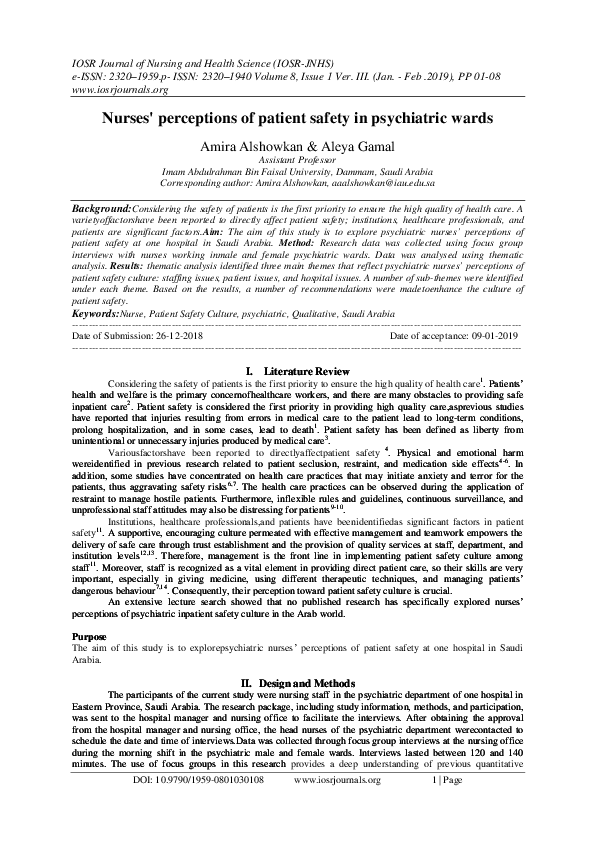 (PDF) Nurses' perceptions of patient safety in psychiatric wards