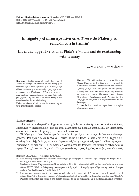 El hígado y el alma apetitiva en el Timeo de Platón y su relación con la tiranía